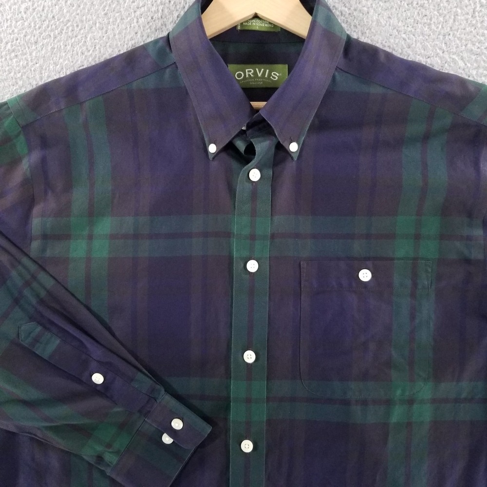 Vtg Orvis Shirt Men Large Blue Blackwatch Tartan Plaid Outdoor Dress Button Down